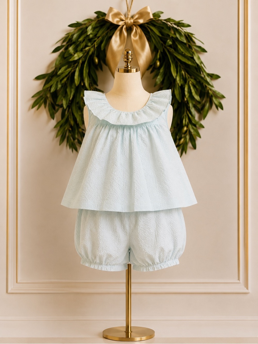 Sophie & Lucas Light Blue Swiss Dot Top & Bloomers Set Bow